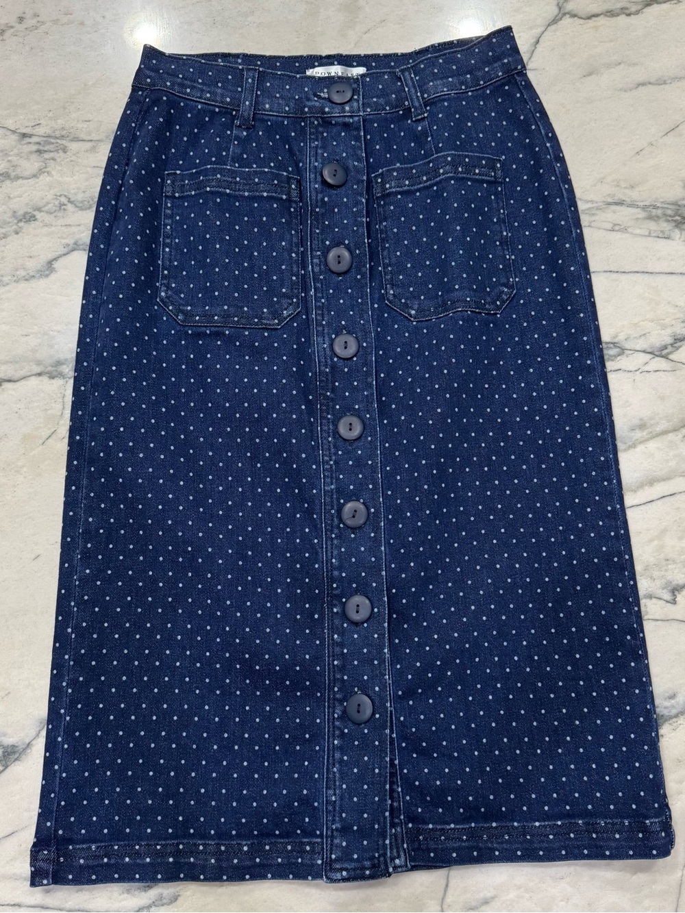 DownEast Navy Polka Dot Button-Front Midi Skirt